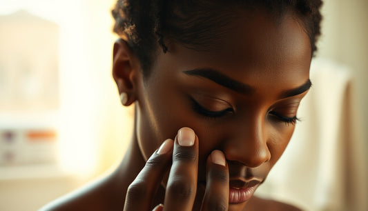 Black woman gently touching thinning edges at her temple in soft morning light