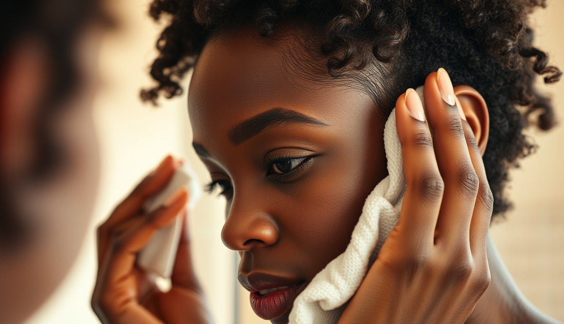 Black woman examining her thinning hairline edges in soft morning light