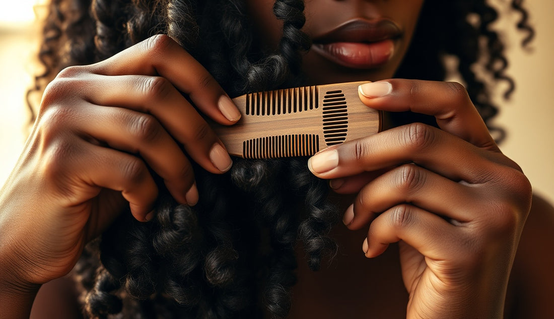 Woman carefully detangling coily natural hair to reduce breakage