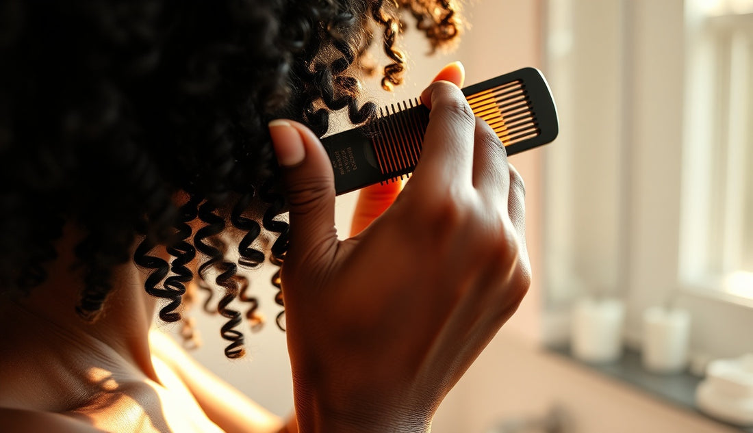 Black woman gently detangling natural coily hair with wide-tooth comb