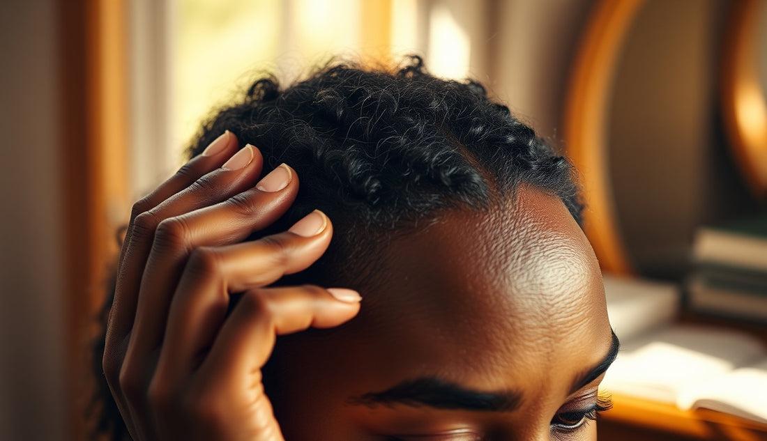 Black woman examining her hairline and temples for traction alopecia damage