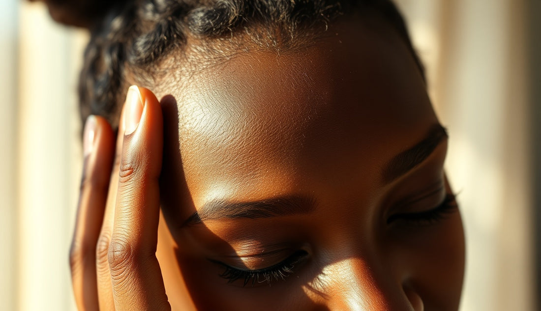 Black woman gently touching her thinning edges in warm natural light