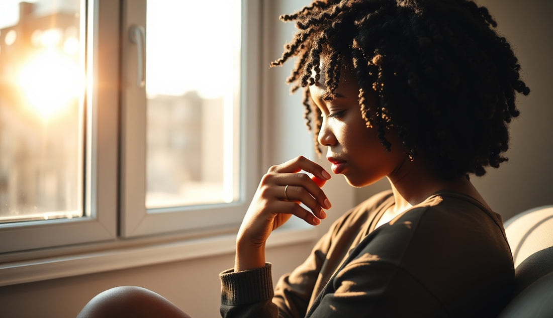 Woman with fine 4c natural hair applying oil to her coily hair sections by a window