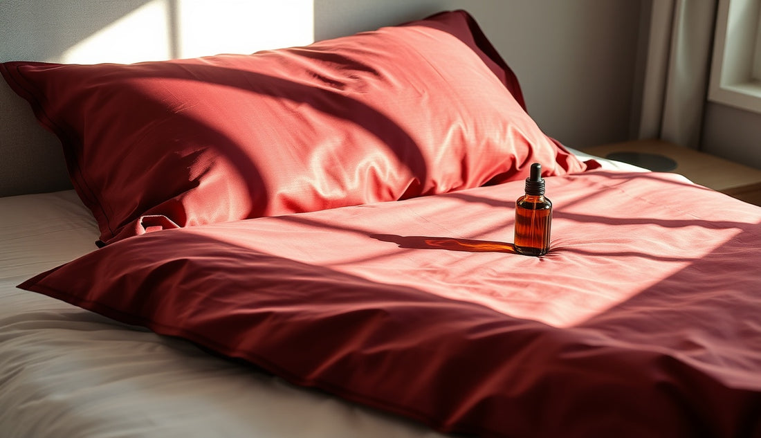 Silk pillowcase on a bed with a jar of hair oil on the nightstand