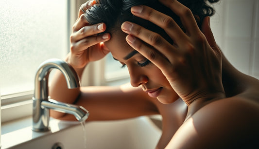 Woman massaging thinning edges at hairline during scalp clarifying wash routine