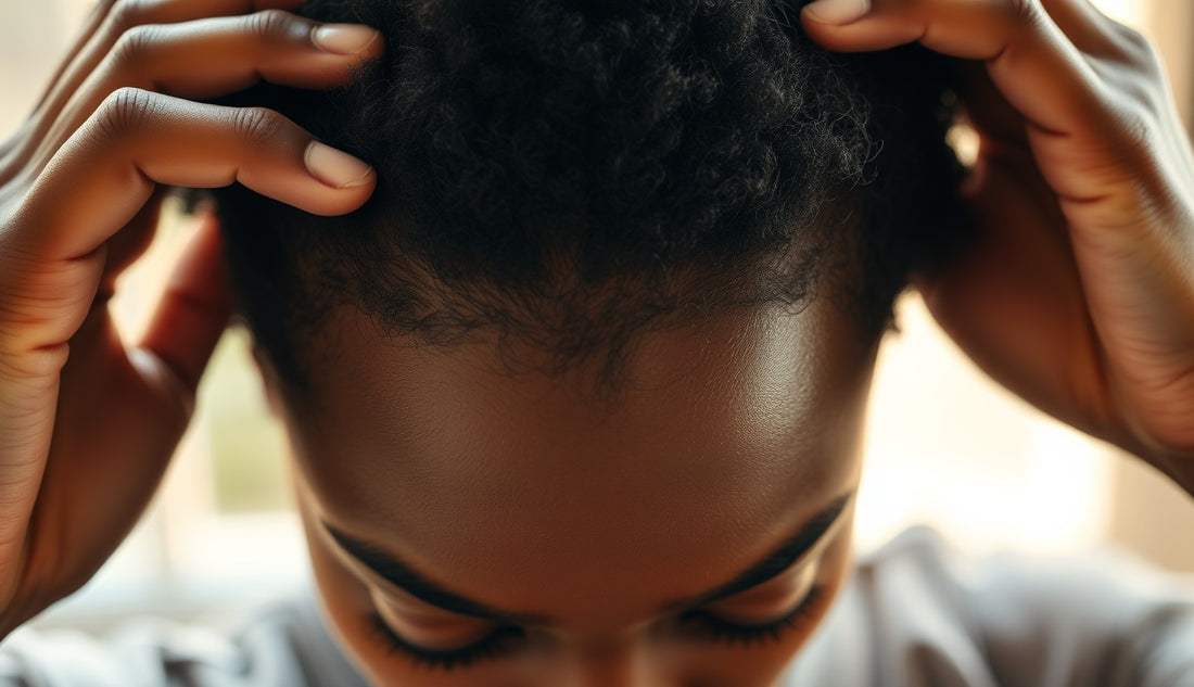 Black woman touching her hairline showing thinning edges and new growth