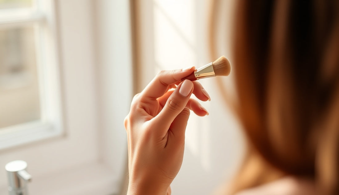 Woman holding a small edge control brush near a vanity mirror in morning light