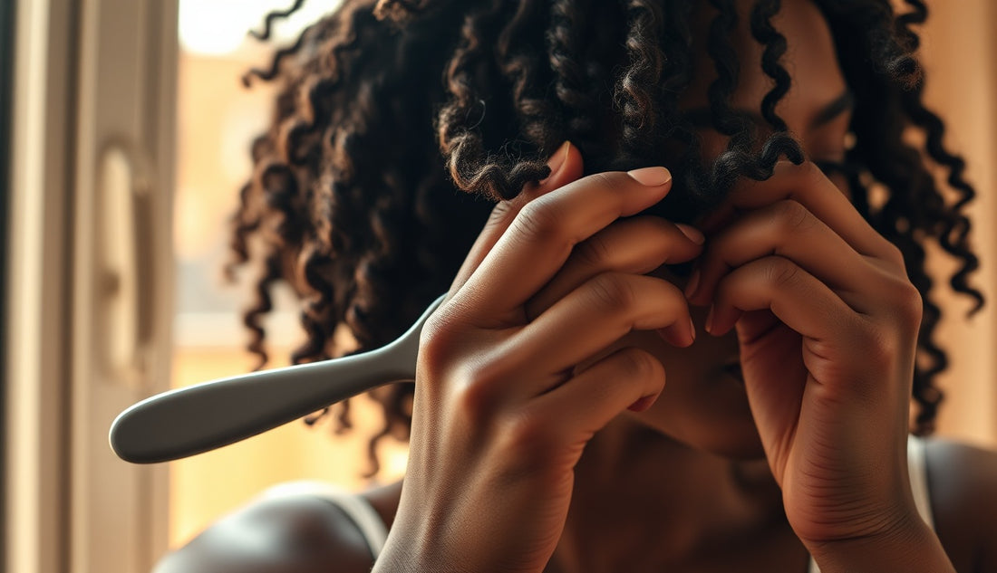 Black woman detangling natural coiled hair showing breakage prevention technique