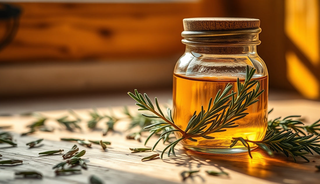 Amber glass jar of rosemary-infused oil on wooden surface with dried rosemary sprigs
