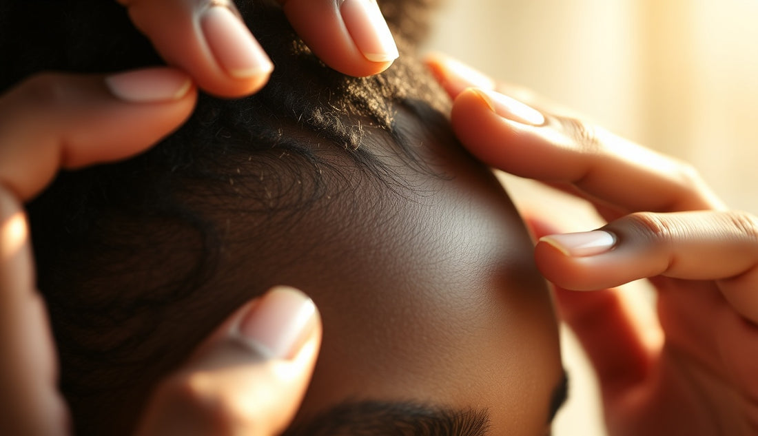 Black woman gently touching her temple hairline showing natural textured edges