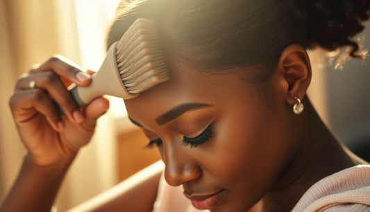 Black woman gently brushing laid edges along a healthy hairline in soft morning light