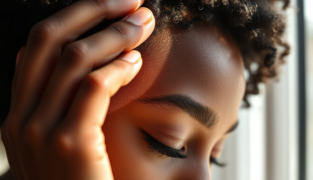 Black woman gently touching thinning edges and hairline four months postpartum