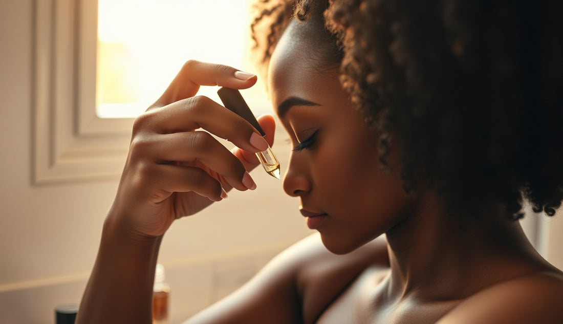Black woman applying natural oil to her edges and hairline in morning light