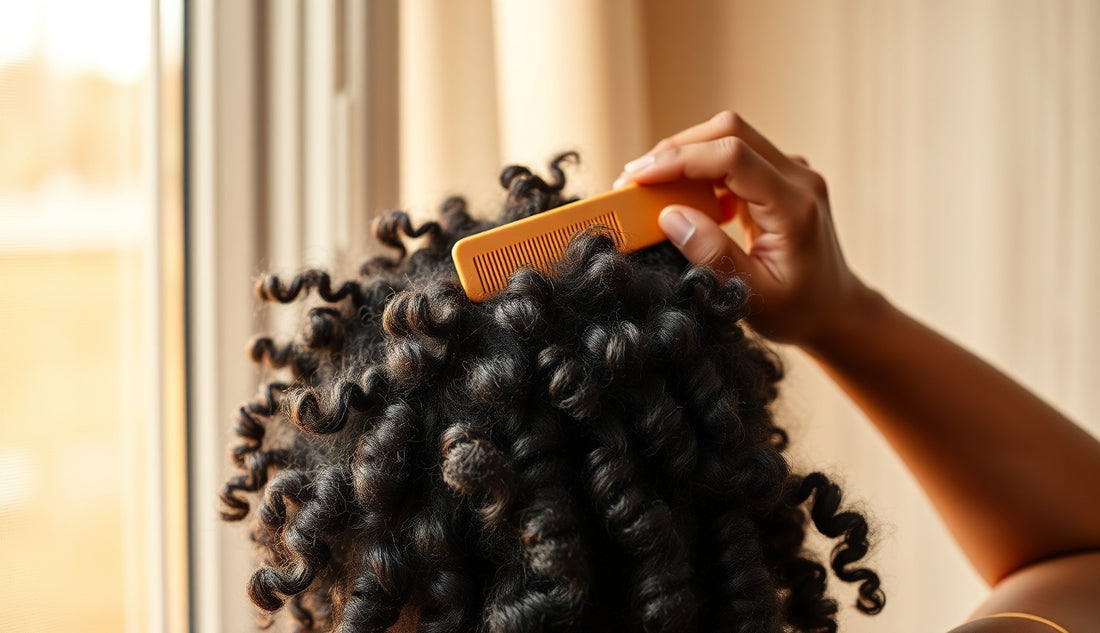 Black woman detangling textured natural hair with a wide-tooth comb