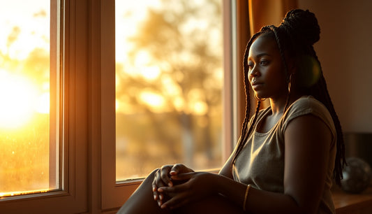 Black woman with box braids sitting by a sunny window at home