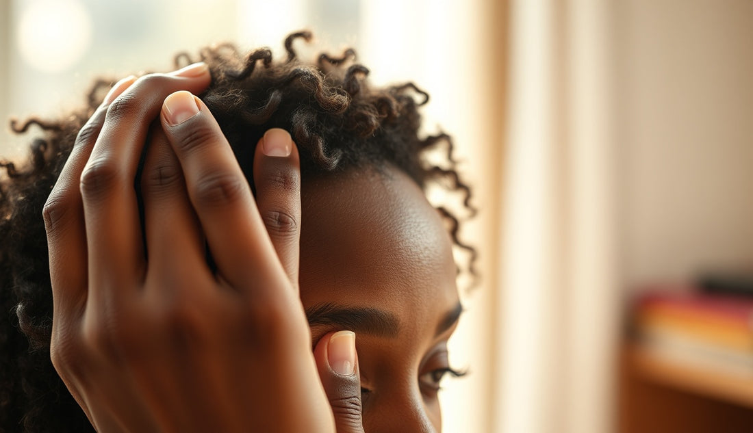 Black woman examining thinning temple edges in natural morning light