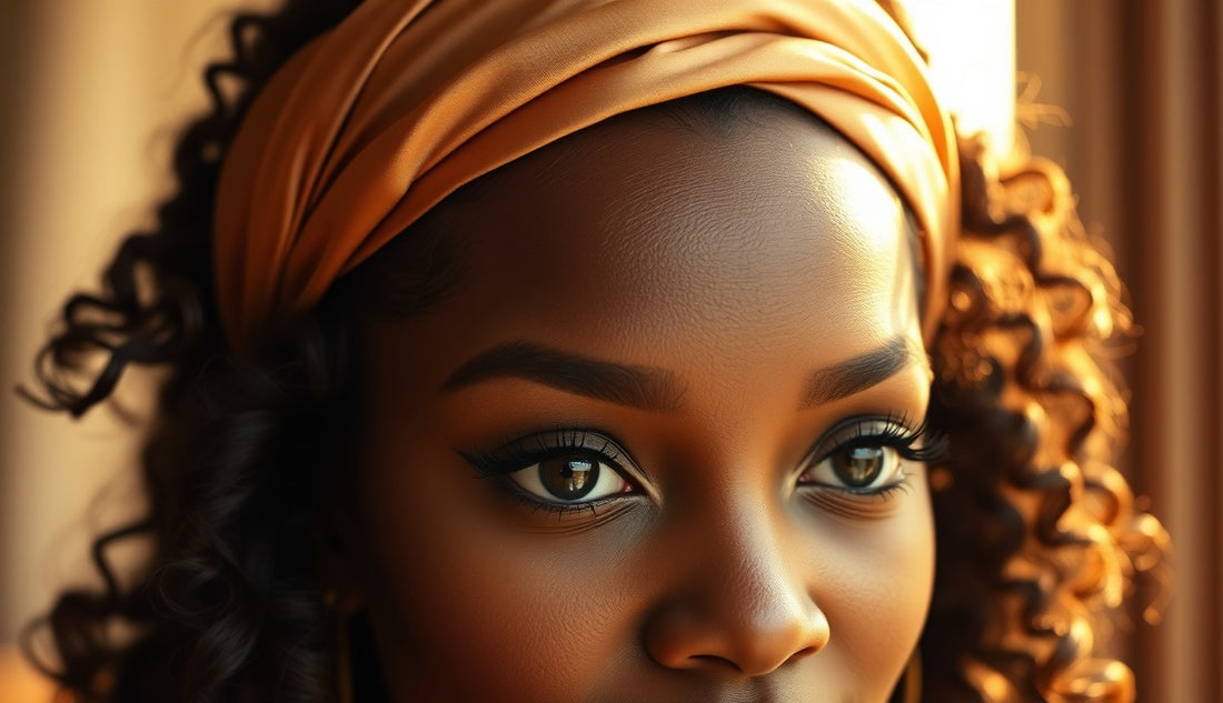 Black woman with wide satin headband covering thin edges, natural hair framing face