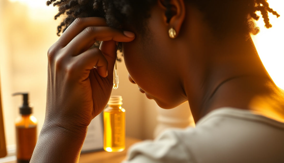 Woman applying hair oil to thinning edges at her hairline in morning light