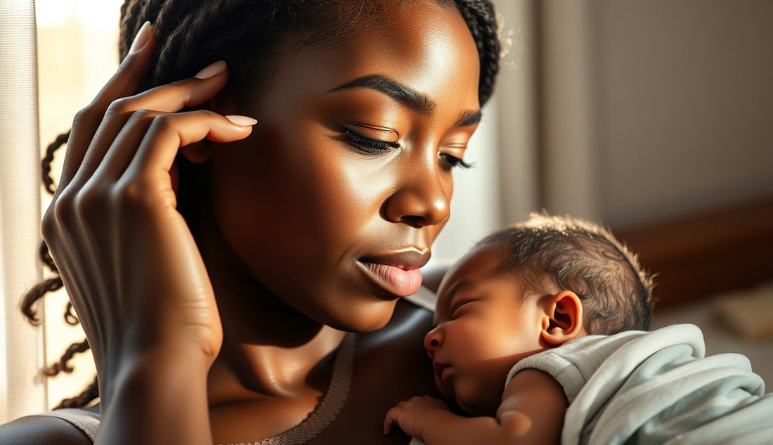Black mother with thinning edges touching her temple hairline while holding newborn