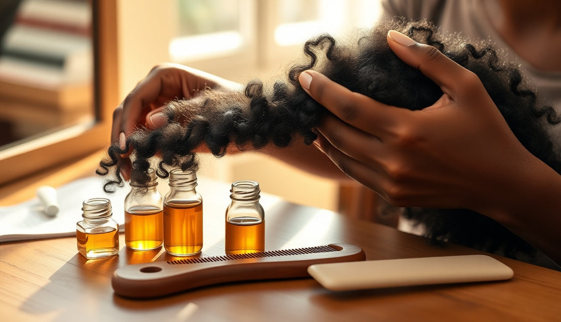 Black woman carefully sectioning natural 4C hair at a vanity with oils
