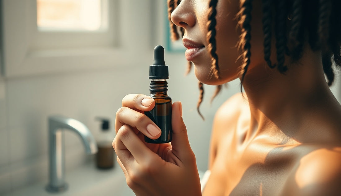 Woman applying dropper bottle to thinning natural hair edges in morning light