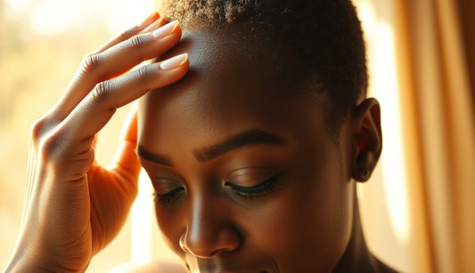 Black woman examining thinning hairline inflammation near temples in natural light