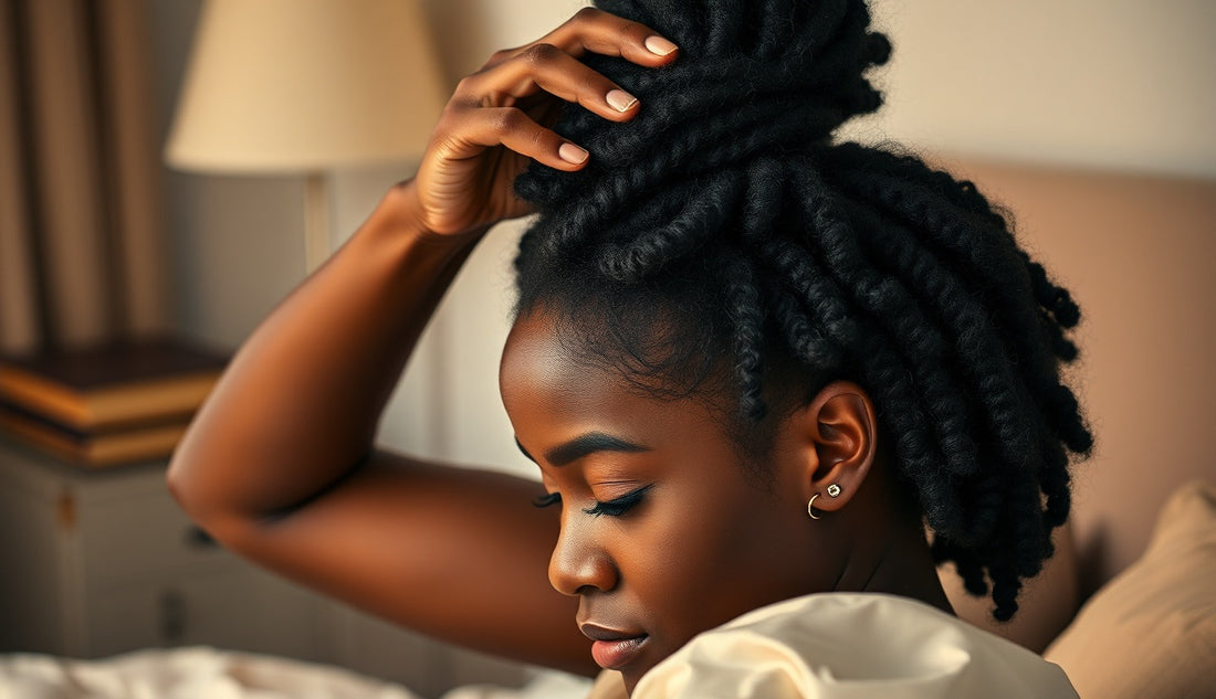 Black woman arranging her natural hair into a loose pineapple before sleep