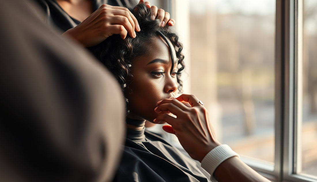Stylist carefully preserving a Black woman's natural hairline before sew-in installation