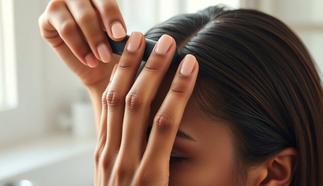 Woman applying edge control stick along her natural textured hairline