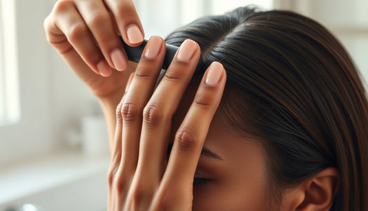 Woman applying edge control stick along her natural textured hairline