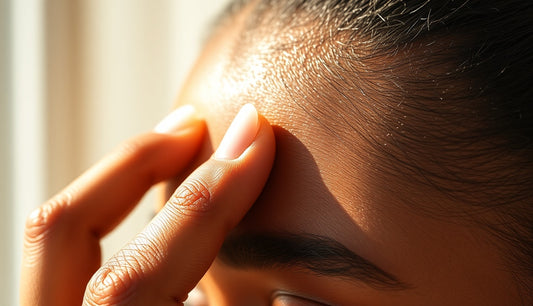 Close view of a Black woman examining baby hairs regrowing along her hairline