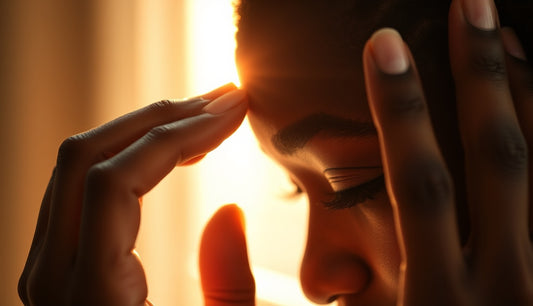 Black woman gently touching thinning hairline edges in soft morning light