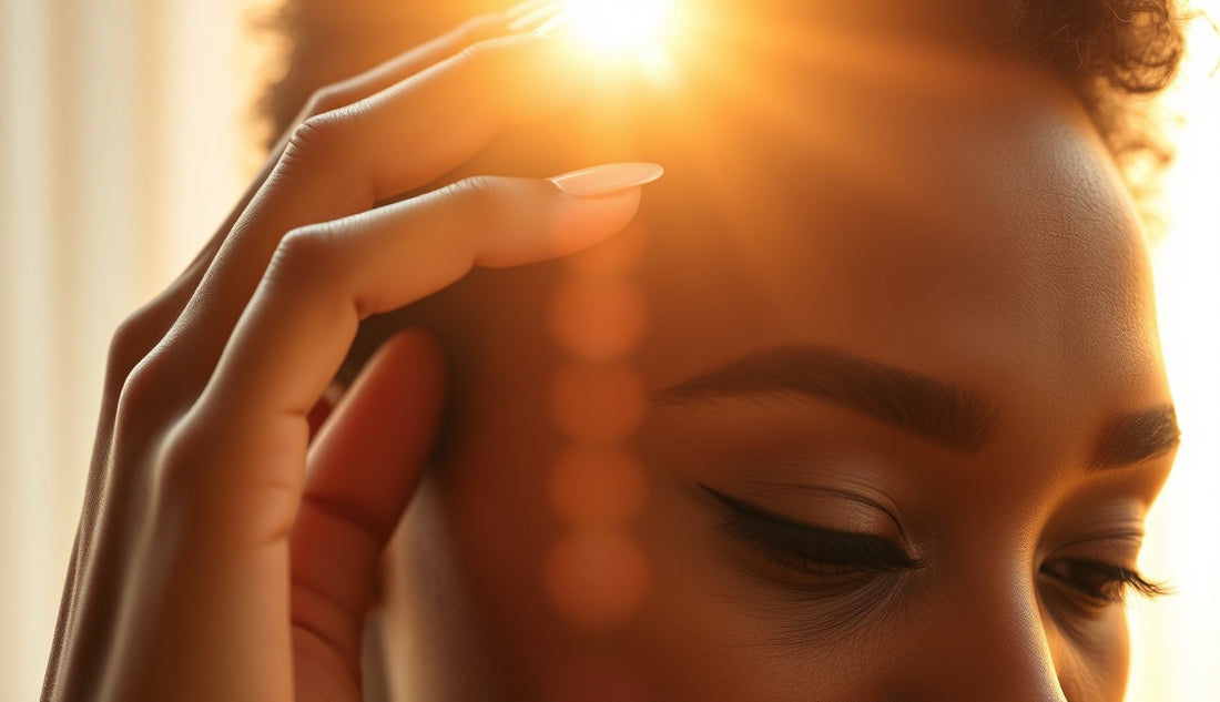 Black woman gently massaging her hairline with fine baby hairs visible at edges
