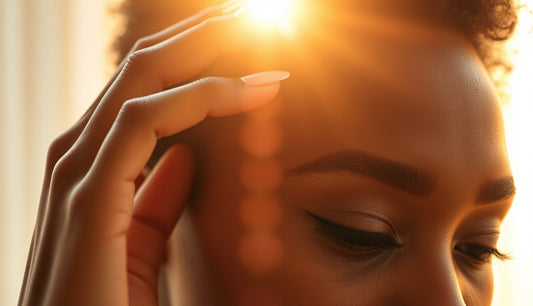 Black woman gently massaging her hairline with fine baby hairs visible at edges