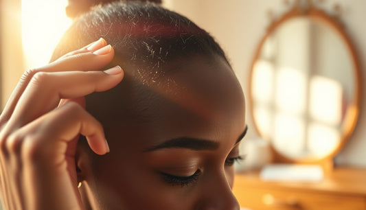 Black woman examining thinning temple edges in morning window light