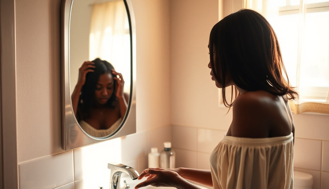 Black woman examining her hairline in a bathroom mirror after postpartum hair loss