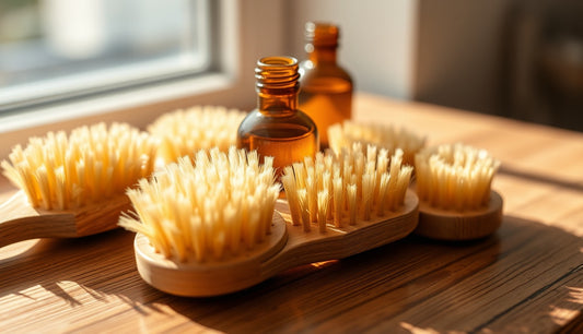 Soft-bristle edge brushes on a wooden surface next to a small oil bottle