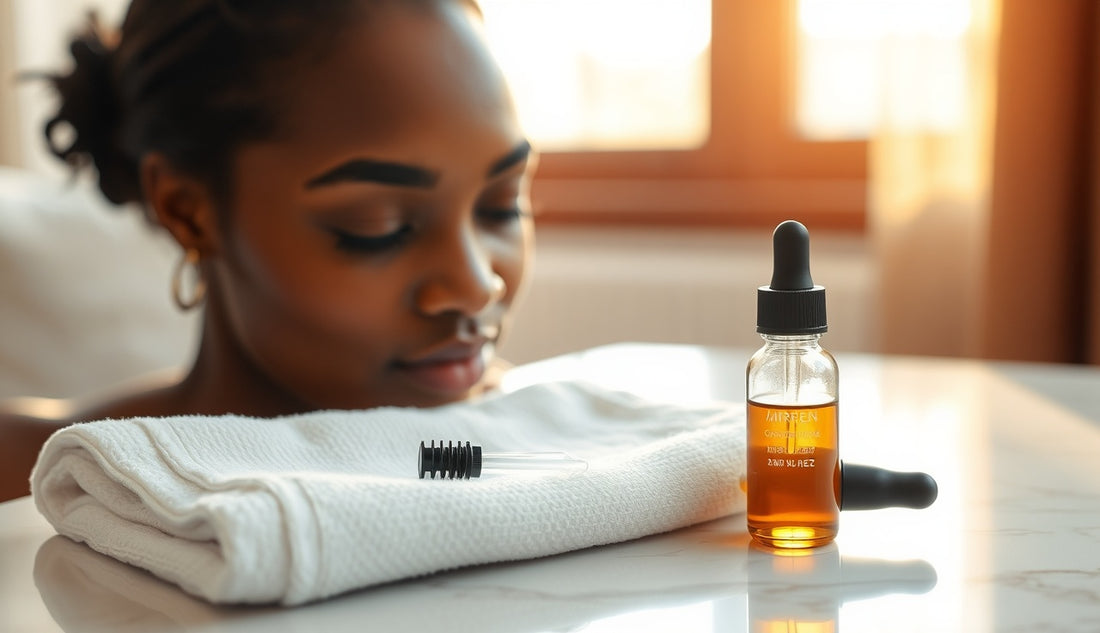 Black woman's thinning edge hairline with microneedling stamp and serum beside it