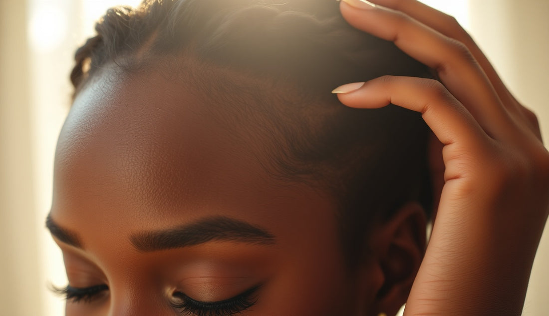 Black woman examining thinning edges at her temple hairline in natural light