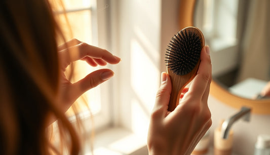 Woman holding a small edge brush near a natural textured hairline in warm light
