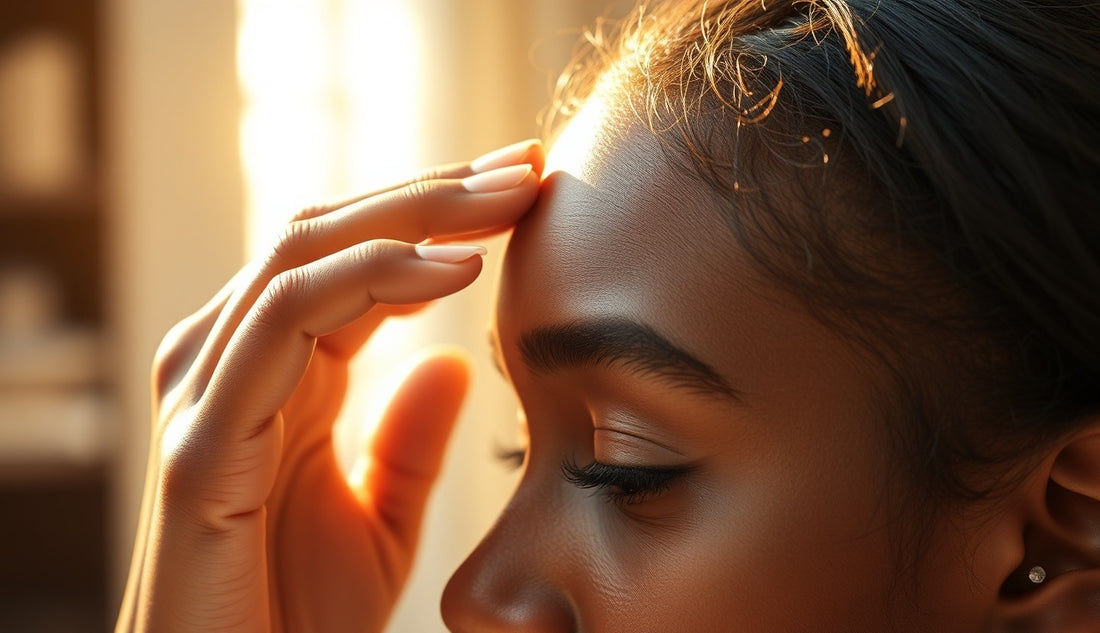 Black woman examining fine new baby hairs growing along her hairline