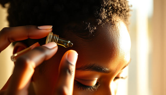Black woman applying hair growth oil to thinning traction alopecia hairline