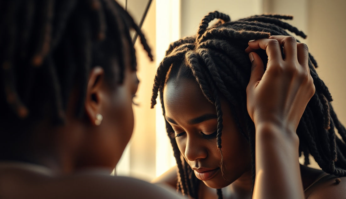 Black woman examining her hairline and temple area through dreadlocks in morning light