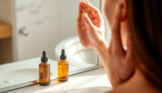 Woman applying oil to thinning edges at a bathroom mirror in morning light