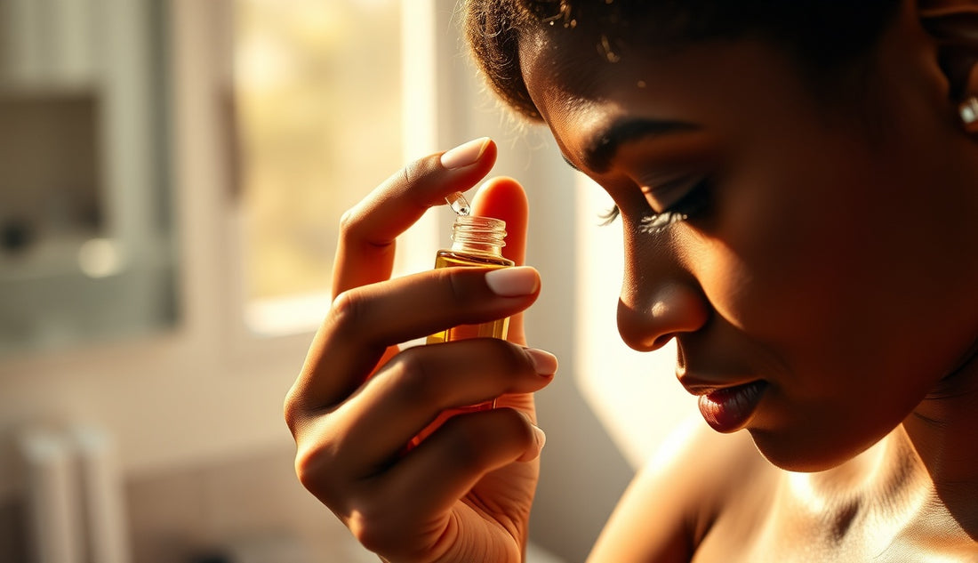 Black woman applying edge oil to her thinning hairline with a glass dropper