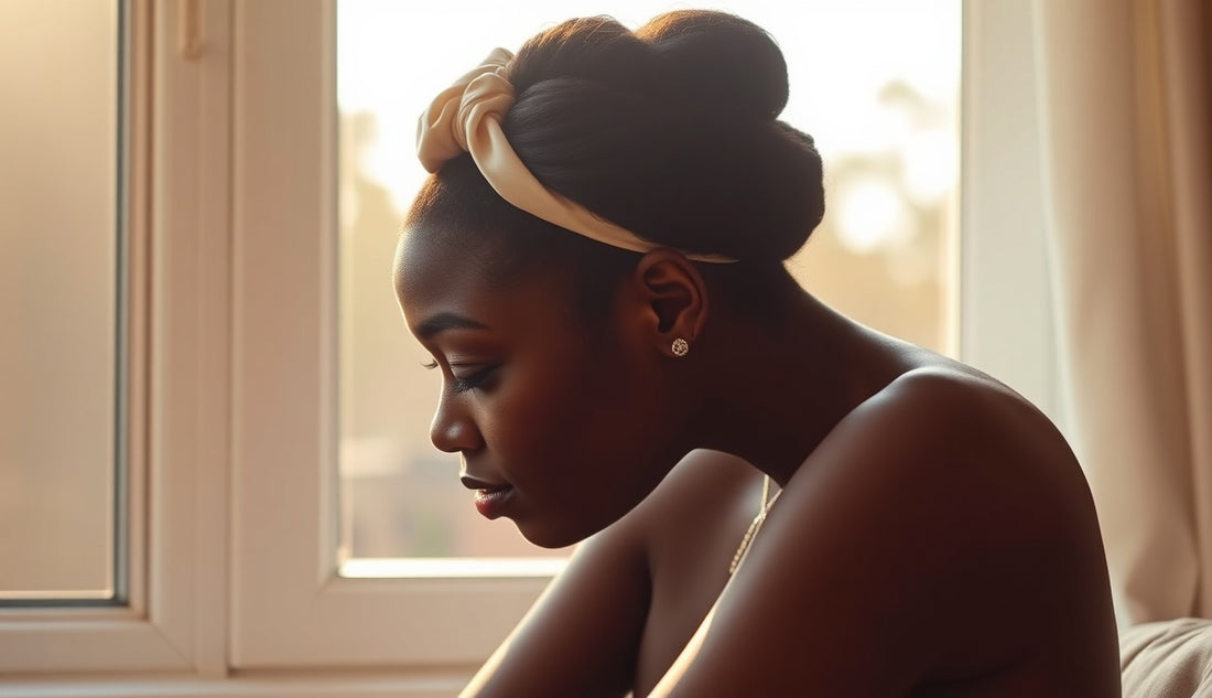Black woman with natural hair in a loose low protective bun near a bright window