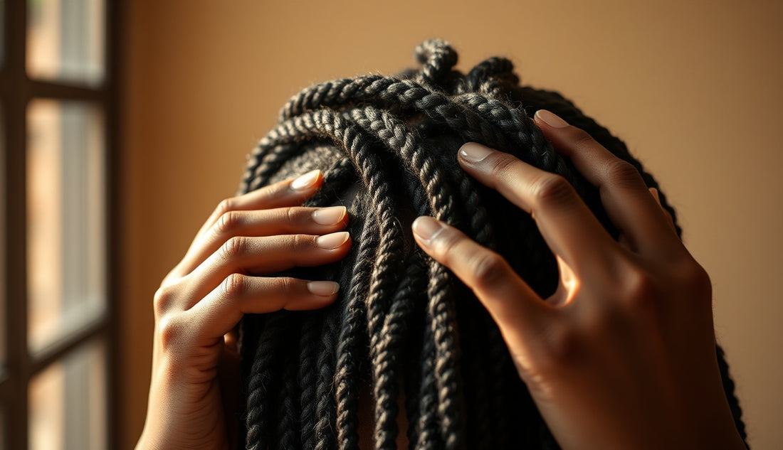 Close-up of mature locs parted to reveal thinning hairline and scalp