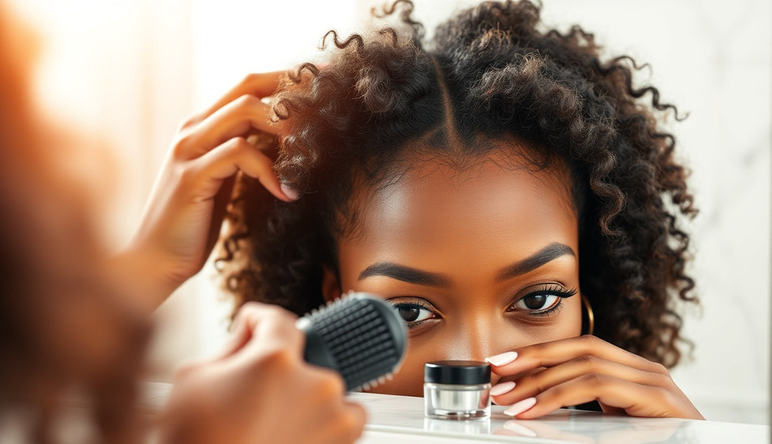 Black woman laying edges at a vanity mirror with a soft-bristle brush