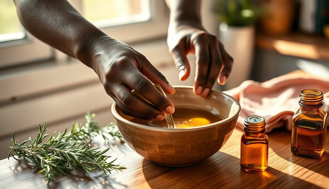 Hands mixing a natural hair growth mask in a ceramic bowl with rosemary