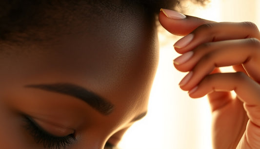 Black woman applying oil to thinning traction alopecia hairline near temple